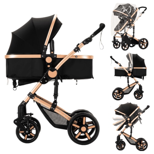 2-in-1 Convertible Baby Stroller,Adjustable Newborn Pram,Travel Pushchair with Mosquito Net for 0-3 Years,Unisex,Black Gold