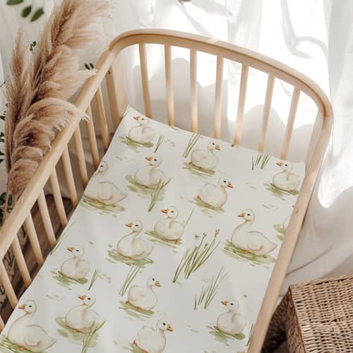 Cute Ducks Pond Reed Fitted Baby Crib Sheet for Boys Girls 52x28x9 in Duck Green Leaves Fitted Crib Mattress Cover for Standard Crib and Toddler Mattress Toddler Farm Wild Animals Bed Sheet
