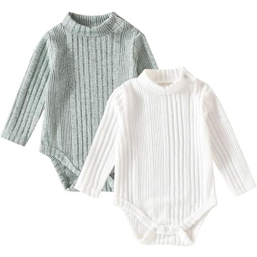 DEFAHN Baby Turtleneck Bodysuit Long Sleeve Boy Girl Ribbed Knit Jumpsuit Outfit 2 Pack Baby Solid Onsies 0-24 Months