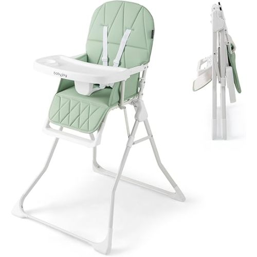 BABY JOY Foldable High Chair, Portable Highchairs for Babies and Toddlers with 3-Position Adjustable Tray & Footrest, Removable Seat Cushion, 5-Point Safety Harness, Space Saving Design (Green)