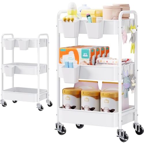 Diaper Cart Organizer with Wheels, 3 Tier Rolling Bedside Cart for Baby Essentials, Baby Organizers and Storage Diaper Caddy Carts for Changing Table, Crib, Bedroom, Newborn Nursery Supplies, White