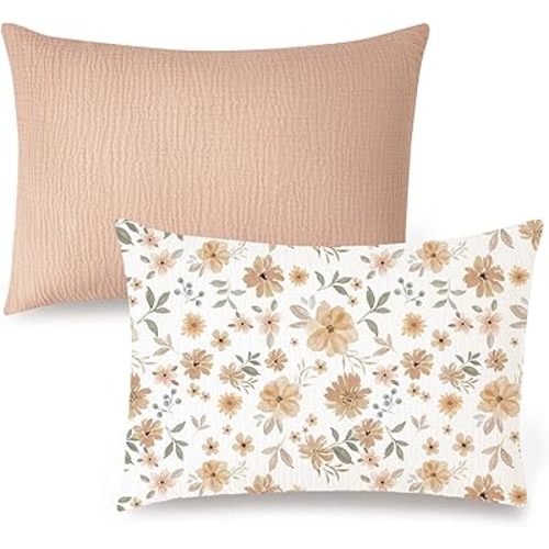 Konssy Muslin Toddler Pillowcase for 13x18 Pillow 2 Pack, 100% Cotton Toddler Pillow Case Cover, Soft & Breathable Travel Babay Kids Pillow Covers with Envelope Closure（Flourish, Toffee）