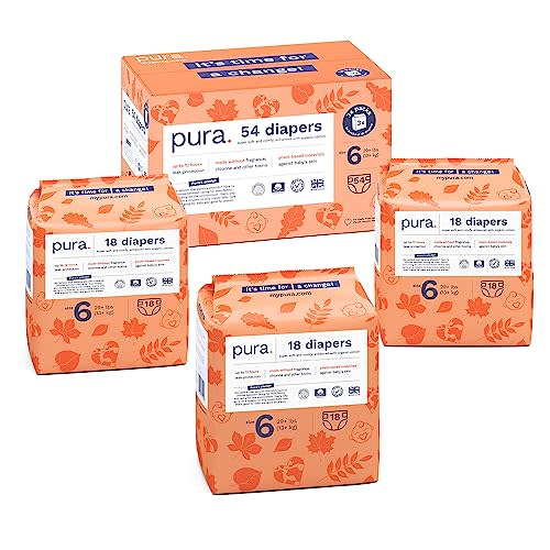 Pura Size 6 Eco-Friendly Diapers (29+ lbs) Hypoallergenic, Soft Organic Cotton, Sustainable, up to 12 Hours Leak Protection, Allergy UK, Recyclable Paper Packaging, 18 Count (Pack of 3) (54 Diapers)
