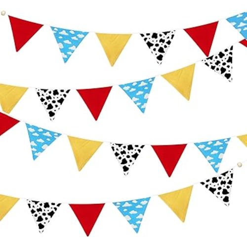2 Sets of Cartoon Story Party Decorations Nursery Garland 24Pcs Red Blue Yellow Toy Themed Story Fabric Banner Cloud and Cow Print Triangle Pennant Flag Streamers for Kids Birthday Baby Shower Decor