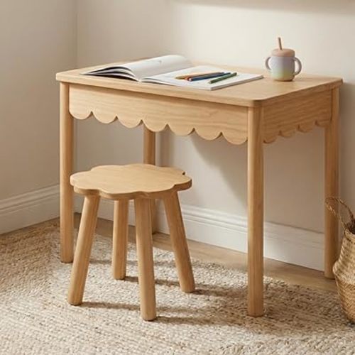 CAALMA Kids Table and Chair Set (Ages 3–7), Solid Wood with Lift-Top Hidden Storage - Montessori Table and Chair Set with Scalloped Design, Easy-Clean Surface & Gold Hardware