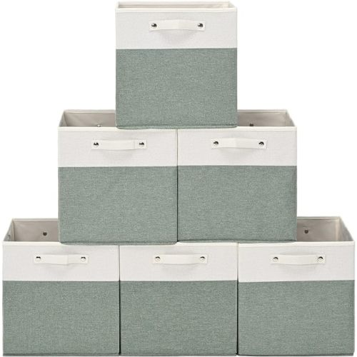 13 x 13 Inch Fine Linen Storage Bins with Handles，Fabric Cube Boxs，Collapsible Basket Organizers for Shelves for Home, Closet Drawers (White/Green-6 Pack)