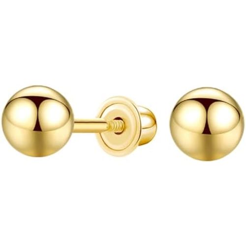 14k Gold Ball Stud Earrings with Solitaire Round Cubic Zirconia in Secure Screw-back Design
