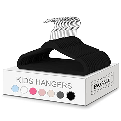 BAGAIL Kids Velvet Hangers 13.75 Inches Children's Clothes Hangers Non-Slip Baby Hangers for Infant/Toddler (Black,50pack)