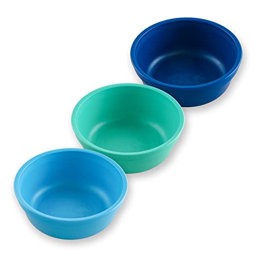 Re-Play 12 oz. Toddler Bowls Set of 3 - Kids Deep-Walled, Durable & Reusable Snack and Meal Bowls, Dishwasher & Microwave Safe, BPA-Free, Made in USA from Recycled Plastic, True Blue