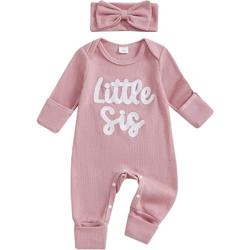 Little Sister Newborn Outfit Baby Girl Going Home Outfit Infant Romper Waffle Footies Knitted Jumpsuit Mitten Clothes