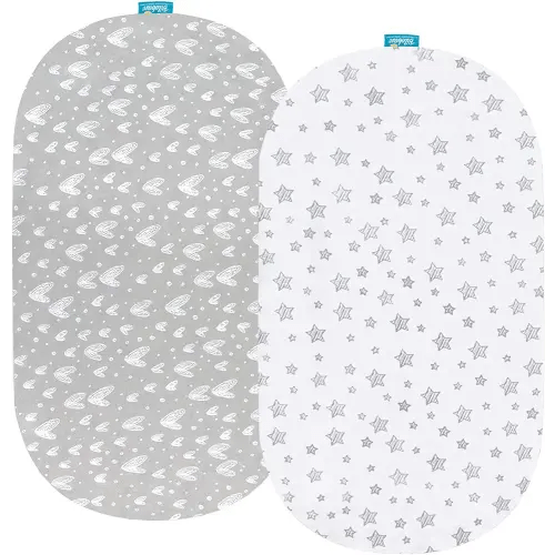 Bassinet Sheets Compatible with Dream On Me Karley (Plus Portable) Bassinet, Chicco LullaGo Portable and ANGELBLISS 3 in 1 Rocking, 2 Pack, 100% Jersey Knit Cotton, Grey Print