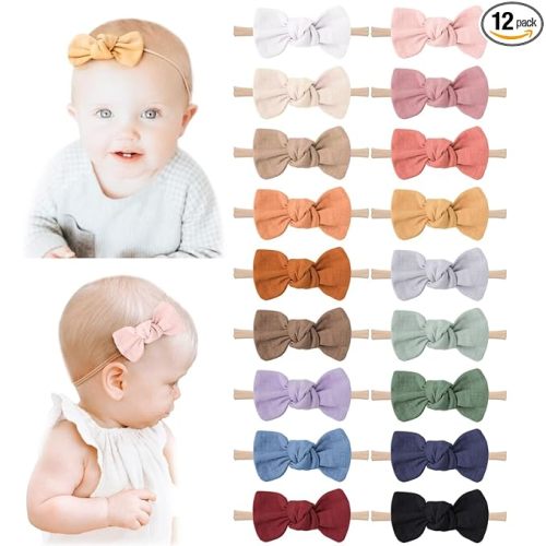 Niceye Baby Girl Bows and Headbands, Handmade Stretchy Nylon Hairbands Hair Bows for Newborn, Infant, Toddler - Soft Baby Hair Accessories - 12 Packs
