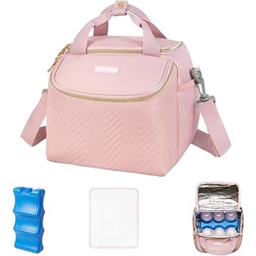 Wearable Breast Pump Bag,Breastmilk Cooler Travel Bag Compatible with Momcozy/Medela/Elvie/Willow Breast Pump with Ice Pack and Water Resistent Mat for 6 Baby Bottles Up to 9 Ounce,Pink