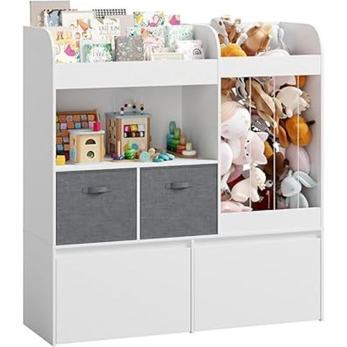 Kids Bookshelf, Stuffed Animal Storage with Play Mat, Wooden Toy Storage Organizer with 2 Movable Drawers and 3 Tier Bookshelf for Kids Room, Playroom, Nursery, Easy Assembly, White
