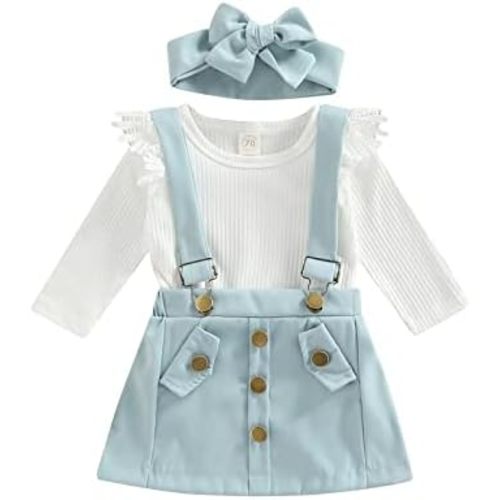 Madjtlqy Infant Girls Summer 3Pcs Outfit Sets Ruffle Short Sleeve Ribbed Romper + Suspender Skirt + Headband