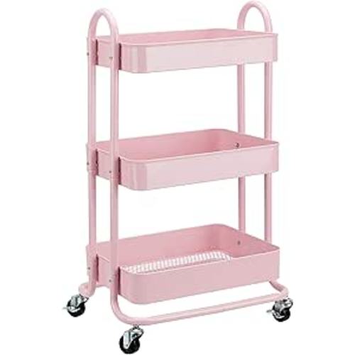 Amazon Basics 3-Tier Rolling Utility or Kitchen Cart, Lockable Wheels, Multifunctional Storage, Metal Storage Organizer, Portable, Dusty Pink