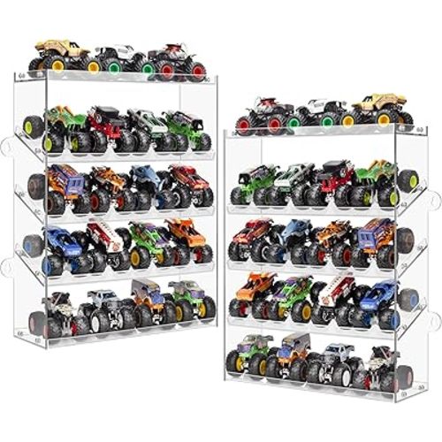 Assembly Monster Trucks Display Case Holding for 20 Monster Trucks Acrylic Storage Case 5 Tiers Monster Trucks Organizer with Tilted Design, Display Case for Toy Trucks (2-Pack Transparent)