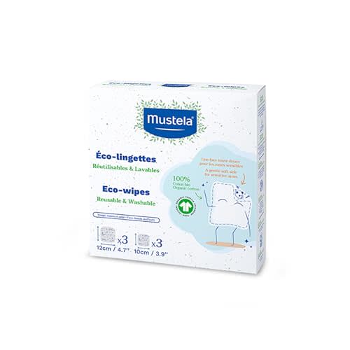 Mustela Reusable & Washable Baby Eco-Wipes - 100% Organic GOTS Certified Cotton Pads for Quick Cleanups or Makeup Removal - 6 counts (3 Large & 3 Small)