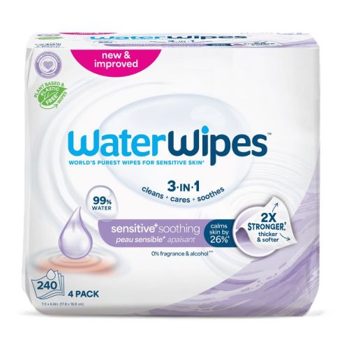 WaterWipes Sensitive+ Soothing Wipes, 3-In-1 Cleans,Soothes, 99% Water with Botanical Extract, Unscented & Hypoallergenic Baby Wipes, 240ct
