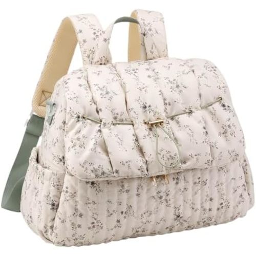 Quilted Floral Diaper Bag Backpack with Stroller Straps, Embroidered BagTote for Mom Gift-Green