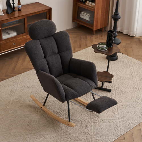JXXRZ Nursery Rocking Chair with Headrest and Footrest, Oversized Teddy Plush & Modern Upholstered High Back, Dark Grey