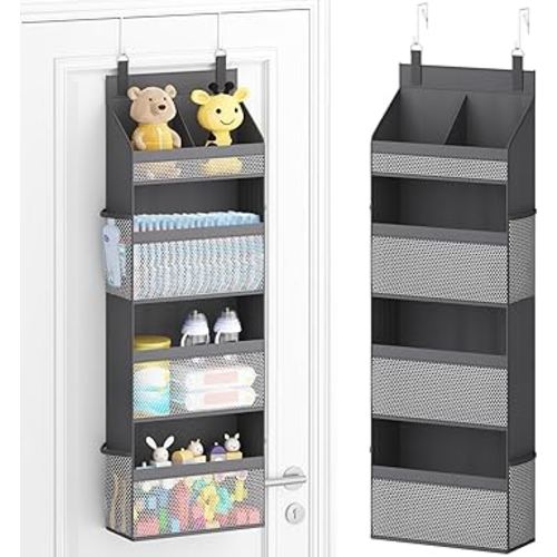 Lifewit 4 Tier Over The Door Diaper Organizer for Nursery, Large Heavy Duty Hanging Storage with 4 Mesh Side Pockets, Sturdy Back of Door Shelf for Baby Stuff Toy in Pantry, Laundry, Bathroom, Gray
