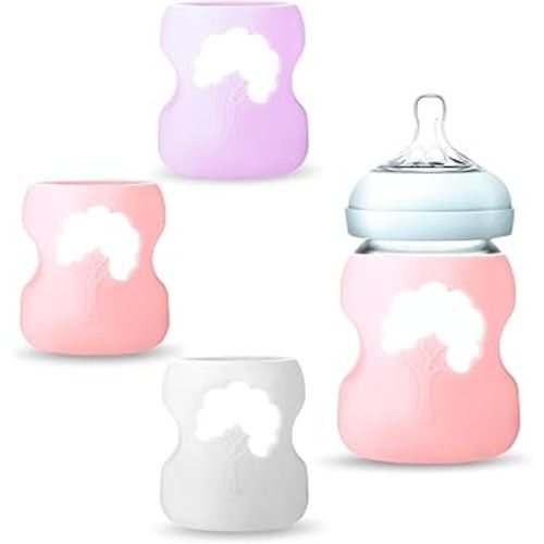 3 Pack Silicone Sleeve for Dr. Brown Natural Glass Baby Bottles, Anti-Shatter Baby Bottle Holder, Compatible with Dr. Brown Wide-Neck Glass Baby Bottles 5 oz, Dishwasher Safe(White+Purple+Pink)
