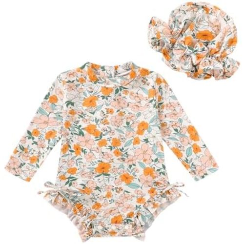 Infant Baby Girl Swimsuit Long Sleeve One-Piece Swimwear Zipper Ruffled Bathing Suit UPF 50+
