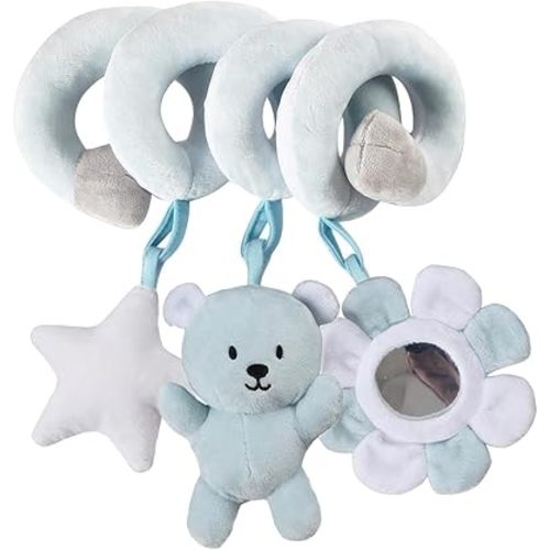 Car Seat Toys for Babies – Baby 0-6 Months Spiral Car Seat, Carseat Hanging for Newborn, Stroller & Crib with Rattle, BB Squeaker & Mirror, Infant 0-6 Months Baby