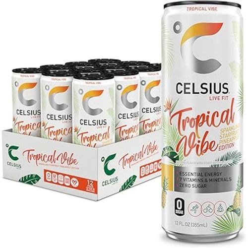 CELSIUS Sparkling Tropical Vibe, Functional Essential Energy Drink 12 Fl Oz (Pack of 12)