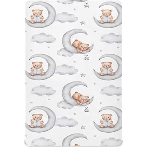 Teddy Bears Fitted Crib Sheets Watercolor Moon Star Clouds Grey Soft and Breathable Standard Baby Sheet Mattress Covers Nursery Toddler Sheets for Boys or Girls