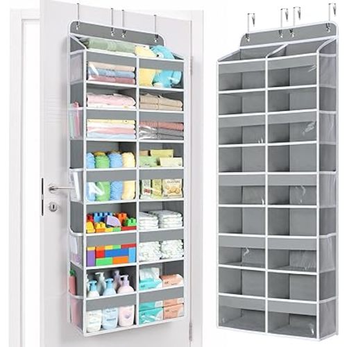 Yecaye Over The Door Organizer, 5 Tier Extra Large Behind Door Storage of 10 Compartments, 80lbs Heavy Duty Door Organizer Hanging with Clear Window for Closet Bedroom Pantry Bathroom, Grey