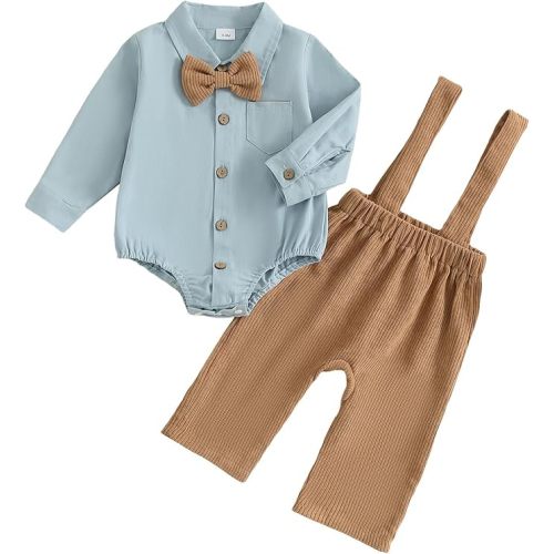PUHHAPIEY Infant Baby Boys Gentleman Outfits Long Sleeve Bowtie Romper+Suspender Overalls Pants Set Wedding Set Formal