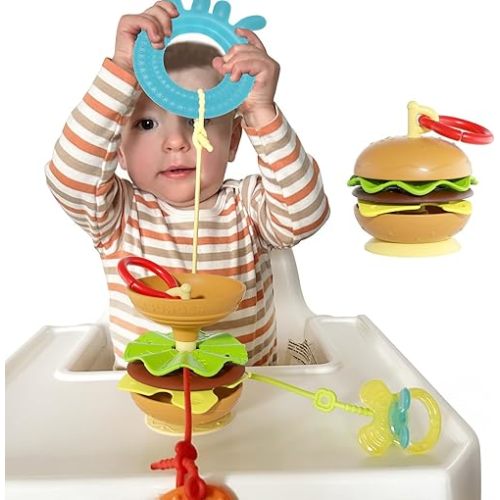 Hamburger Suction Cup Toys Holder for High Chair, Stroller Baby Toys 6-12 Months & Toddlers, 3 Tethers Keep from Falling, Great for Restaurant & Car Seat Airplane Travel