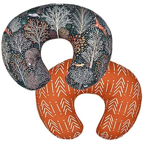 2 Pack Baby Nursing Pillow Cover Newborn U-Shaped Breastfeeding Pillowcase Cushion Cover Stretchy Replaceable Forest&Floral Pillow Cover Slipcover 22.5x18 (Forest + Retro Geometry)