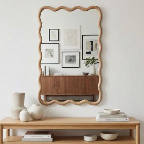 20" x 30" Wall Mirror with Natural Solid Wood Frame, Wavy Rectangle Decorative Mirror for Bathroom, Bedroom, Living Room, Entryway-Panipeachy