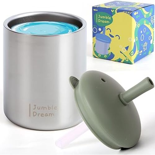 Jumble Dream Stainless Steel Toddler Straw Sippy Cup 7.2 oz – Double Wall Insulated Spill Proof Sippy Cup with Straw & Silicone Lid – BPA Free Cup for Kids 1-2, 2-5 Years – Transition Cup