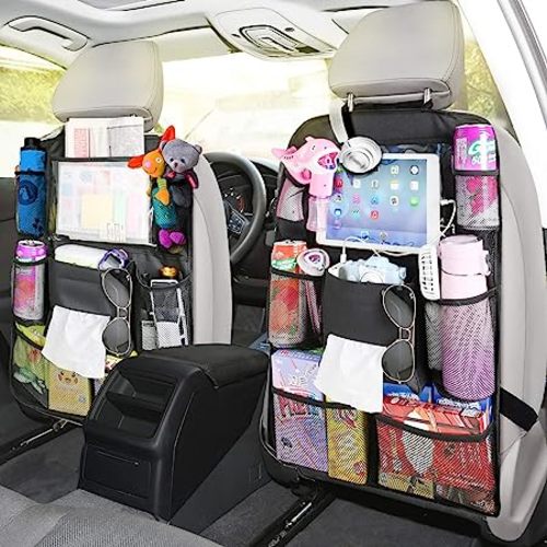 Update Version 2 Pack Car Backseat Organizer Foldable Car Seat Back Protectors with Touch Screen Tablet Holder Tissue Box Car Storage Organizer with 8 Storage Pockets Earphone/Charging Hole for Car Travel - Black-2F