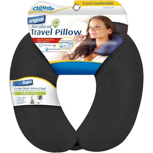 Dual Comfort Microbead Airplane Travel Neck Pillow. Super Soft Cozy Plush Fabric on One Side, Cool Relaxing Spandex on the Other! Customize Your Comfort and Support at Home or On the Go!-Black