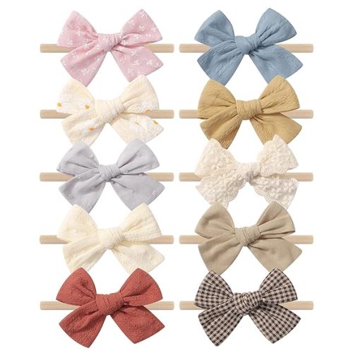 10PCS Doboi Baby Girls Headbands Hair Bows Nylon Linen Hairbands Handmade Hair Accessories for Newborn Infant Toddlers Little Girl and Kids
