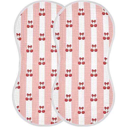 2 Pack Muslin Burp Cloths Bow Cherry Stripe Cotton Baby Burp Cloths Soft Burping Cloth Absorbent Spit Up Rags for Baby Boys Girls 22x11 Inch