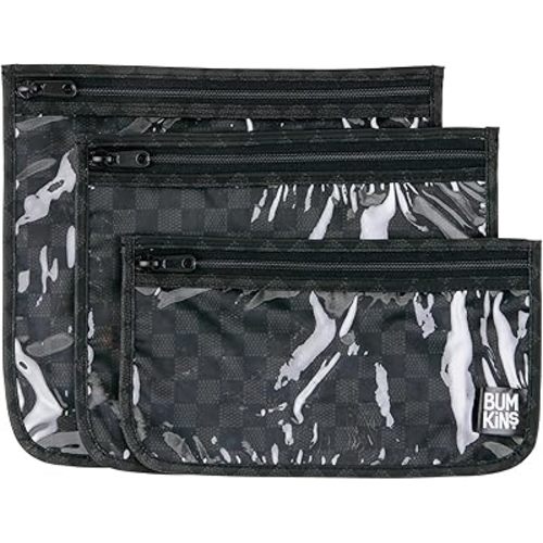 Bumkins Travel Bag, Toiletry, TSA Approved Pouch, Zip Bag, Quart Size Airline Compliant, Clear-Sided, Baby, Diaper Bag Organization, Makeup, Accessories, Carry On Packing, Set of 3 Sizes, Black Check