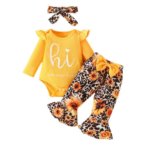 Povozer Baby Girl Clothes Long Sleeve Fall Winter Newborn Baby Girl Clothes Infant Outfits Ruffle Sleeve Romper Bodysuit Floral Pants Toddler Girl Outfits for 0-3 Months,Yellow