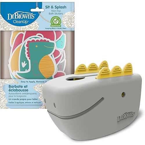 Dr. Brown's CleanUp Bath Time Essentials, Sit & Splash Non-Slip Bath Stickers with Dino Design, Dino-Soft Baby Bath Spout Cover, Toddler Bathtub Safety for Kids, BPA Free, Certified Plastic Neutral