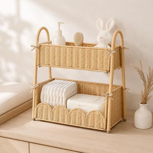 2-Tier Diaper Caddy Organizer, Handwoven Nursery Storage Basket | PE Rattan Diaper Caddy with Side Handles, Large Changing Table Organizer for Diapers, Wipes and Baby Essentials