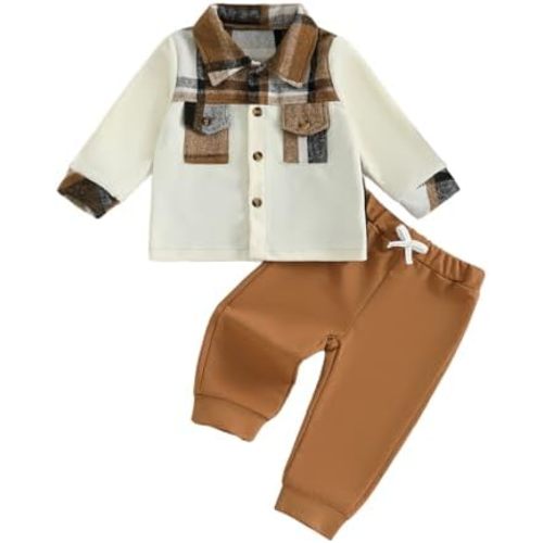 Toddler Boys Fall Outfits Plaid Flannel Baby Boy Jacket Button Down Shirts Pants 2Pcs Festival Clothes Set