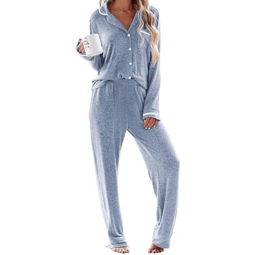 Ekouaer Women's Pajama Sets Long Sleeve Button Down 2 Piece Pjs Soft Lounge Sets Notch Collar Sleepwear
