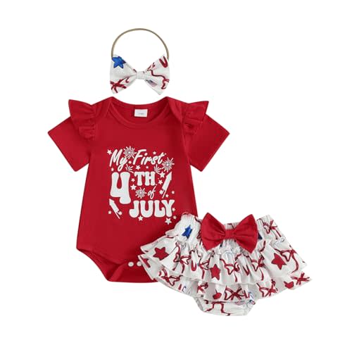 FOCUSNORM 4th of July Baby Girl Clothes Bow/Ice Cream Print Romper Short Skirt Sets My First 4th of July Baby Girl Outfit