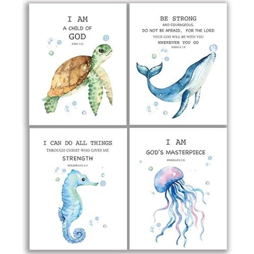 Scripture Bible Verse Wall Decor Set of 4 (8”X10”), Watercolor Blue Ocean Theme Religious Gifts for Children, Inspirational Bible Verses Quotes Baby Nursery Wall Decor, No Frame