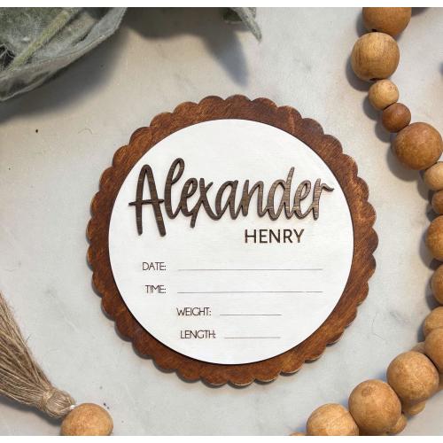 Baby Birth Stats Sign Wooden Name Sign for Baby Hospital Name Announcement Sign with scalloped Circle Baby Arrival Sign Gift for New Mom